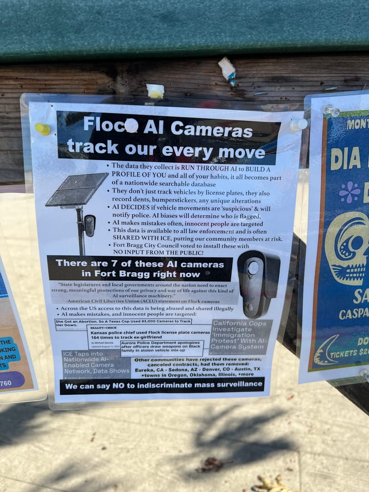 Fort Bragg Residents Alarmed by “Flock AI Cameras” Posters